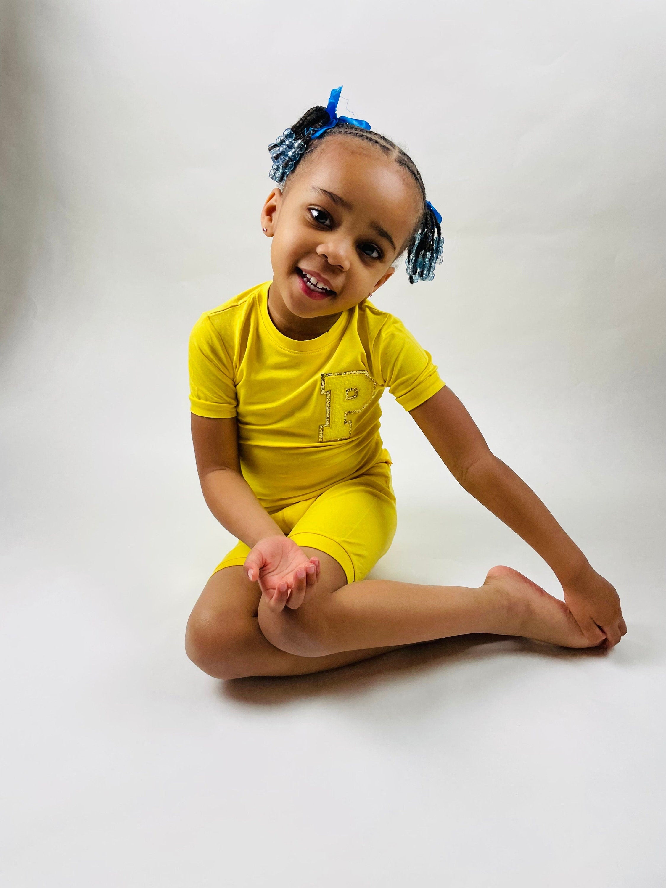 Kids Personalized Initial Pajamas| Yellow Short Set| Toddler Youth Infant| |2 Piece Set| Sleeper| Custom Pajamas| Girls| Boys| Yellow